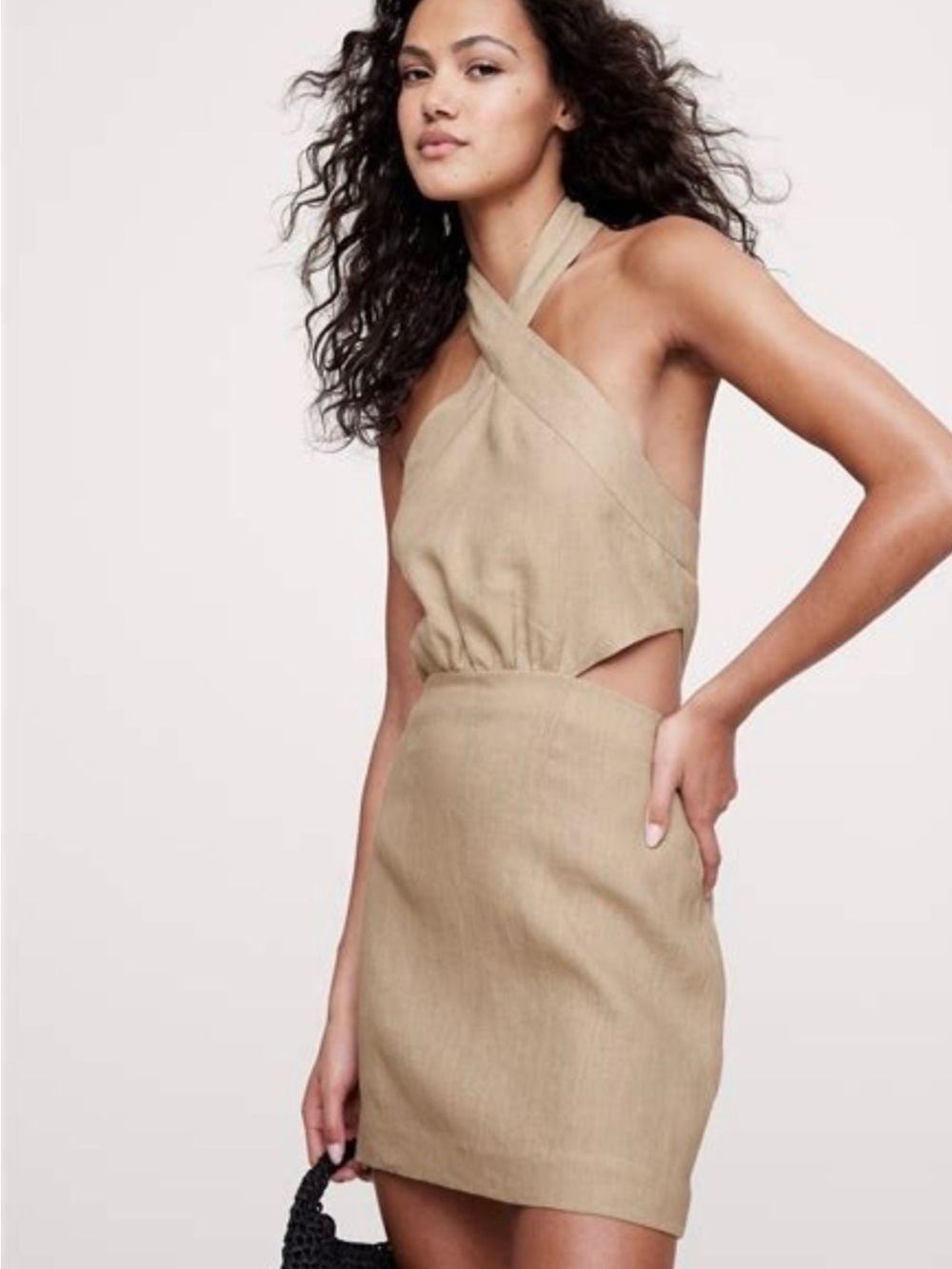 Banana Republic Linen Halter Cut Out Mini Dress.  Tan. Size 16